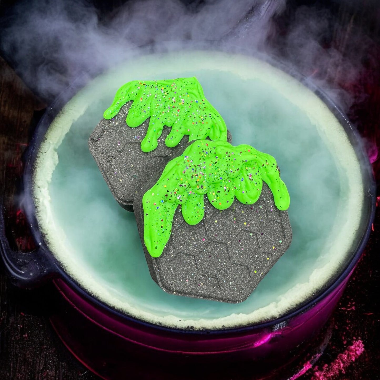 Witches Brew Bath Bomb with Kokum Butter Drizzle and hidden colors inside